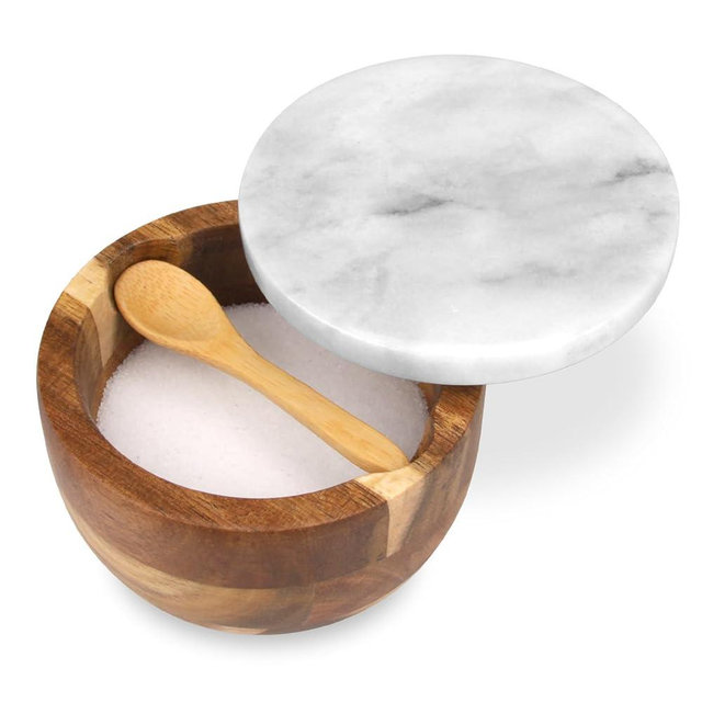 HESHIBI Wooden Salt Cellar Box with Marble Lid & Spoon, Modern White Stone Salt or Pepper Sugar Spice Seasoning Bowl Container Jar Holder Well Keeper Dish Pig Crock for Kitchen