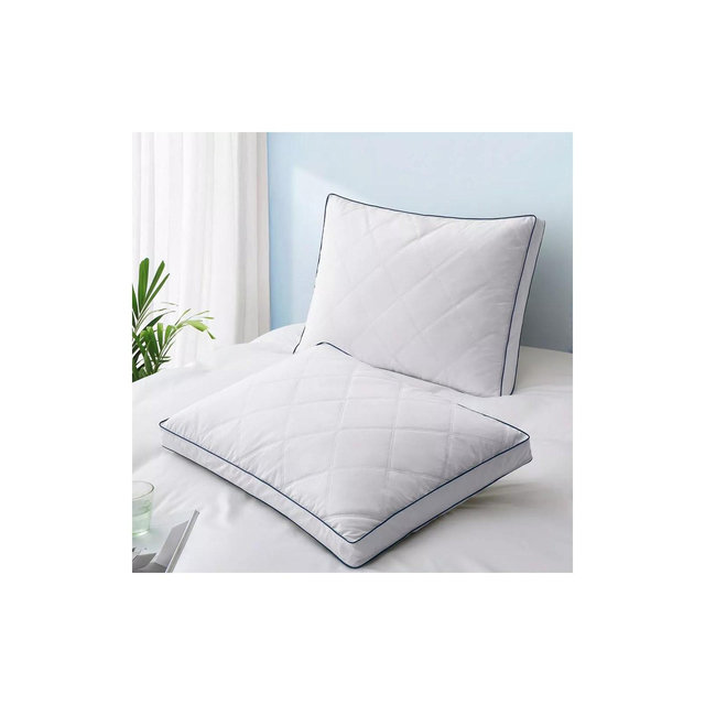 Peace Nest Goose Feather Down Pillow White Quilted Cotton Cover Set of 2, Diamond-Navy, Queen