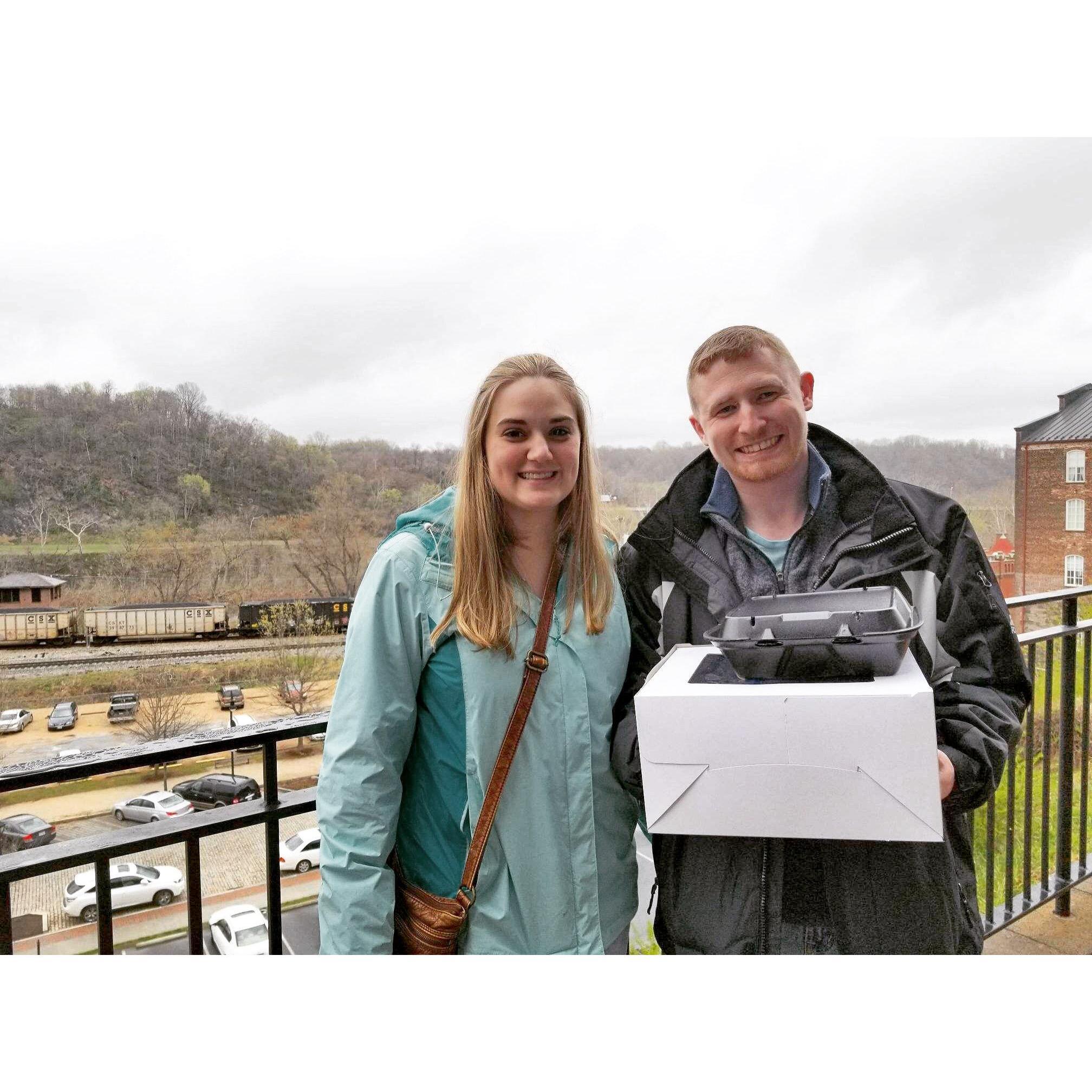Josh visiting Alycia at Liberty for her birthday. They went out to dinner in downtown Lynchburg.