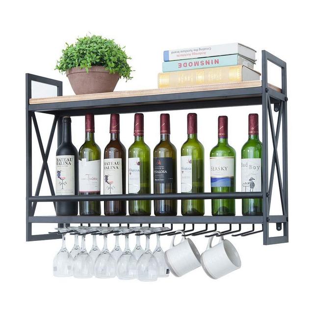 Industrial Wine Racks Wall Mounted with 8 Stem Glass Holder,31.5in Rustic Metal Hanging Wine Holder Wine Accessories,2-Tiers Wall Mount Bottle Holder Glass Rack,Wood Shelves Wall Shelf