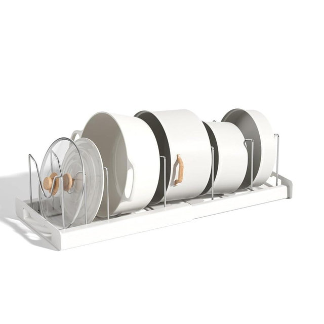 Beruyu Expandable Pot and Pan Organizer Rack for Cabinet, Pot Lid Organizer Holder with 7 Stainless Steel Adjustable Dividers for Kitchen Cabinet Organizer and Storage (White)