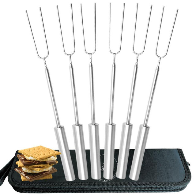 Smores Sticks For Fire Pit [All-Stainless Steel Set Of 6] -Marshmallow Roasting Sticks For Campfire, Telescoping S'mores Forks -Long Hot Dog Sticks [Dishwasher-Safe] - SUMPRI Campfire Skewers