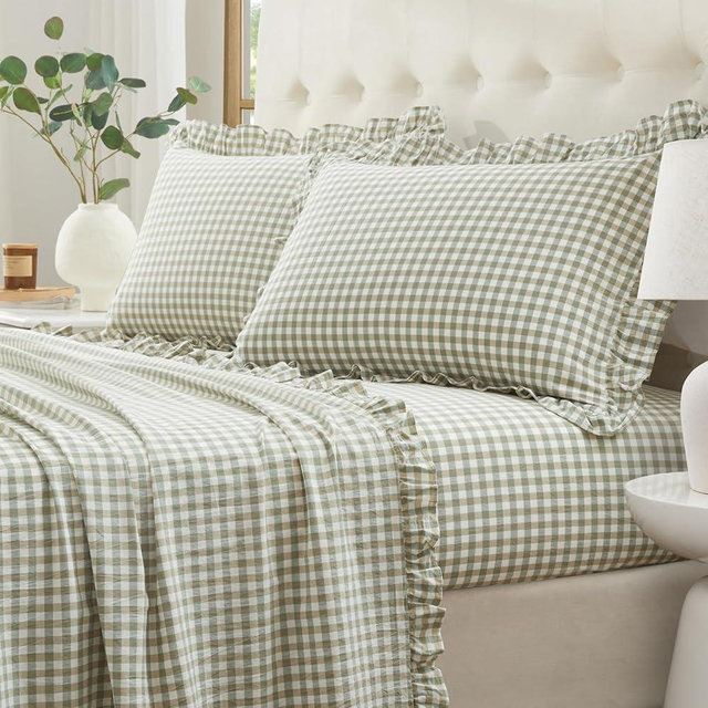 Yvrcen Ruffle Gingham Queen Sheet Set - 4 Piece Sage Green Plaid Cotton Bed Sheets Queen Size - 16 Inch Deep Pocket Checkered Ruffled Sheets Farmhouse Decor - Linen-Feel & Breathable