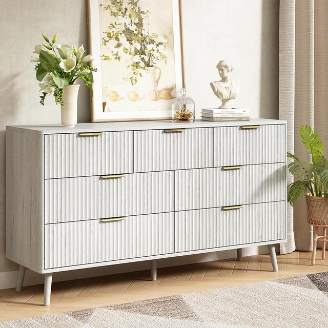 CARPETNAL Fluted 7 Double Drawers White Dresser for Bedroom, 55”Wide Modern Chest of Drawers with Deep Drawers,Wood Drawer Organizer for Bedroom Living Room, Hallway,