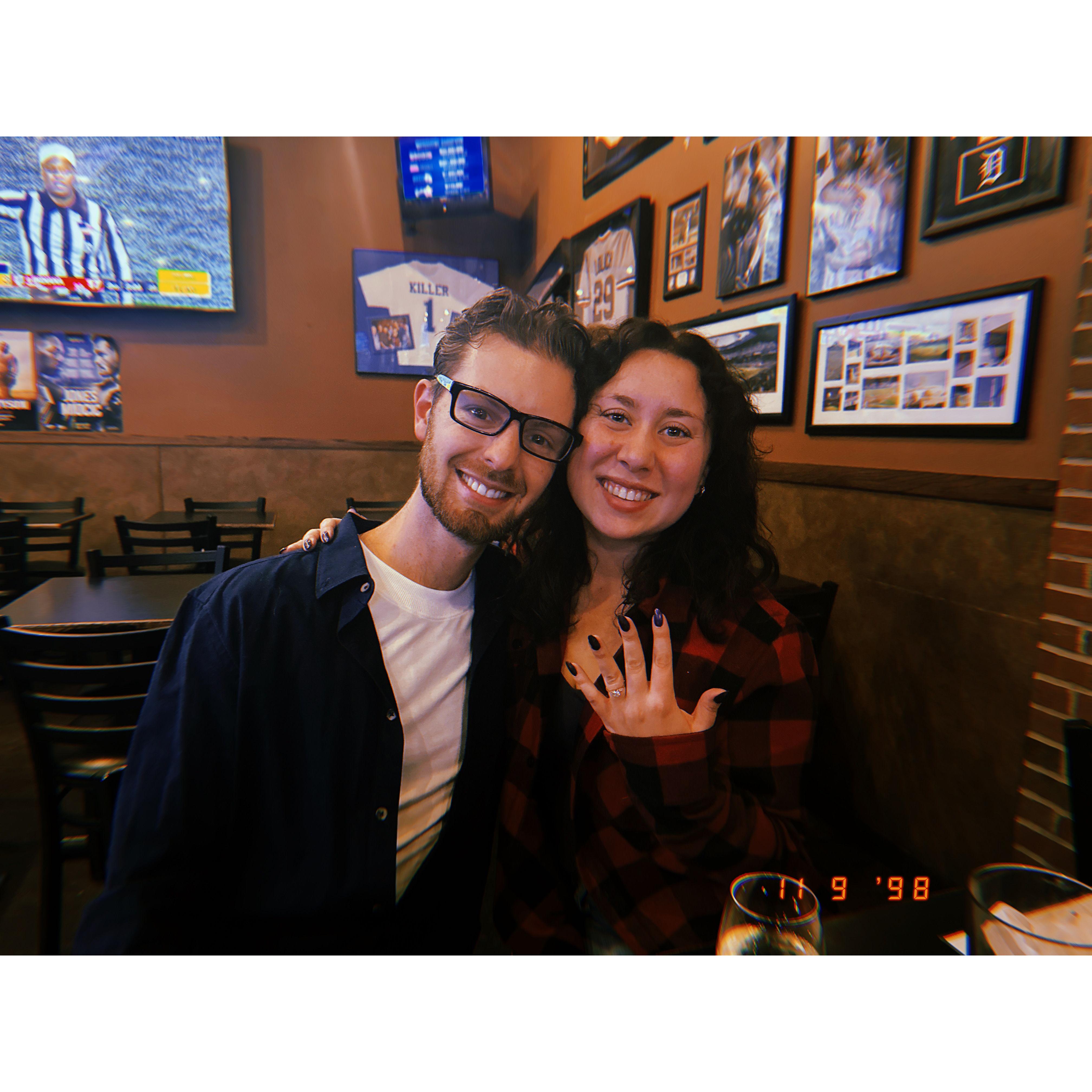 We were on our way to get pretzels and beer cheese when Jon proposed :)