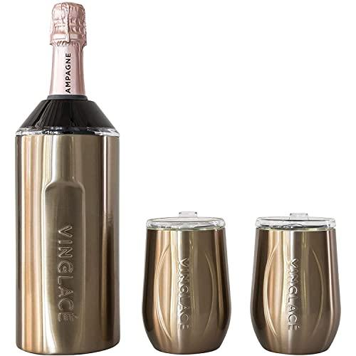 Vinglacé Gift Set - Bottle Insulator Chiller with 2 Stemless Wine Glasses - Great Gift Ideas for Wine and Champagne Lovers (Copper)