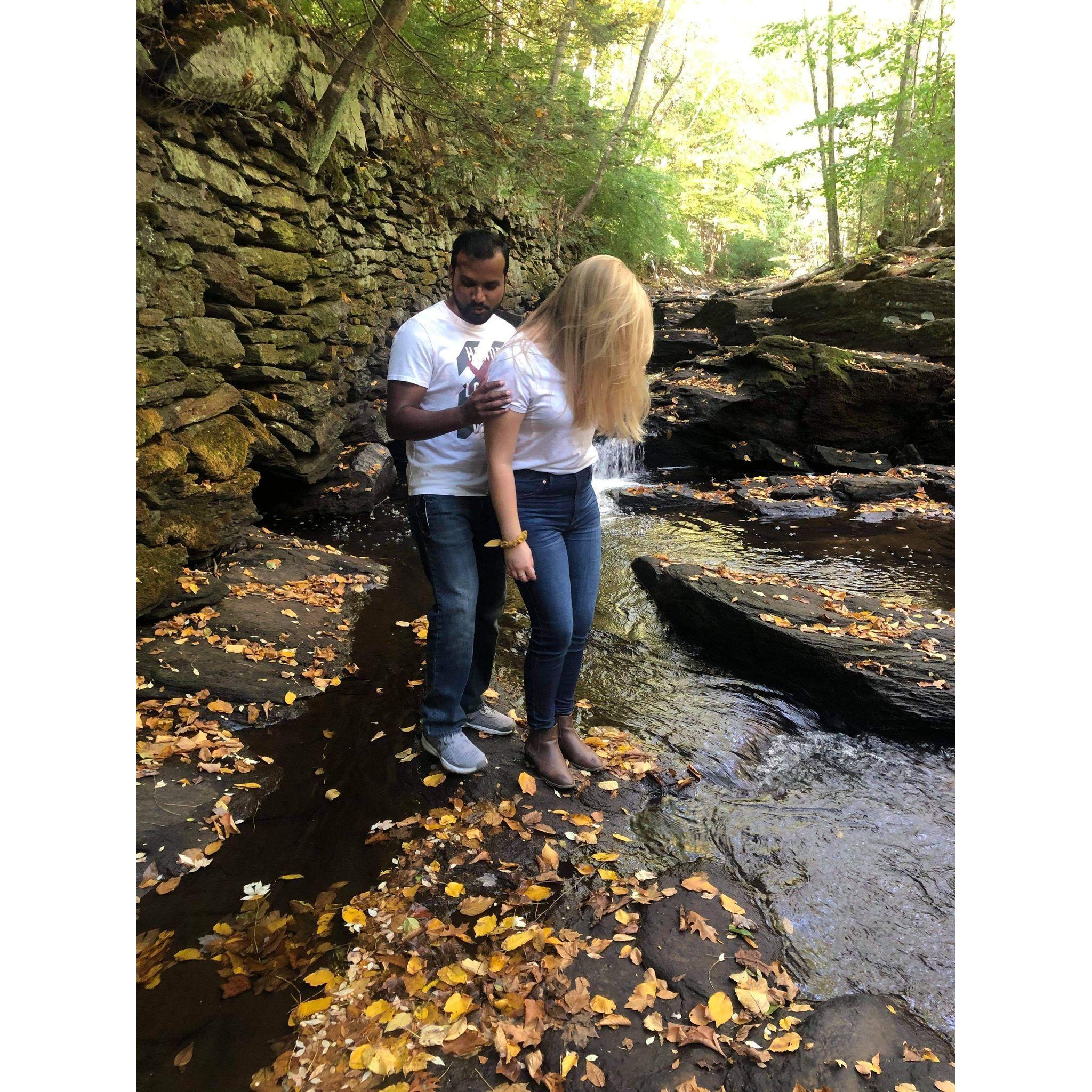 Trying to get a good picture together during our hike with friends in Connecticut