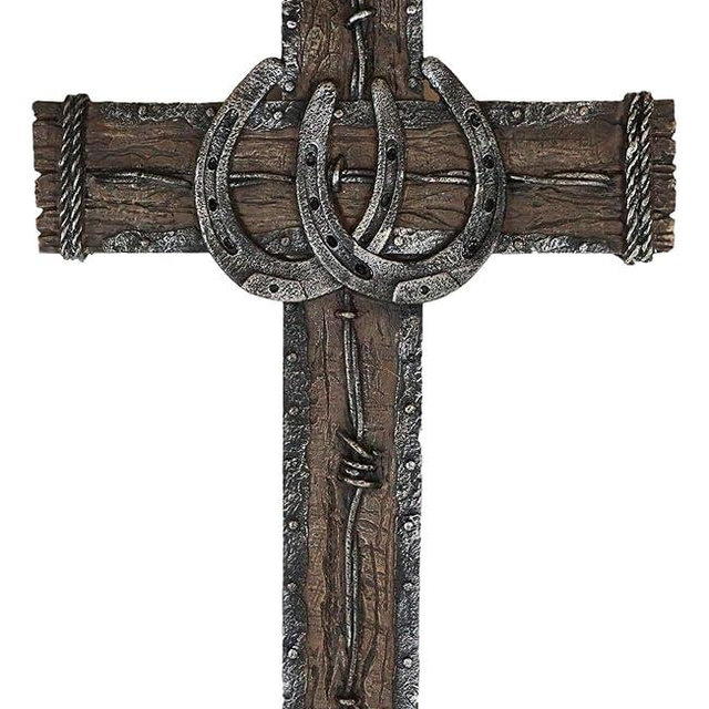 Ebros Gift 19" High Rustic Western 2 Lucky Horseshoes Wall Cross Decor Plaque With Vintage Barbed Wire And Braided Rope Design Sculpture Inspirational Catholic Christian Accent Decorative Crosses