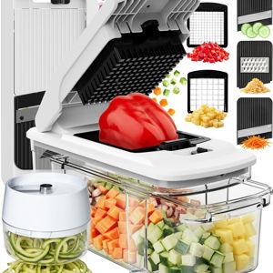 Fullstar All-in-1 Vegetable Chopper and Mandoline Slicer for Kitchen - Cheese Grater, French Fry Cutter, Cheese Slicer - Bonus Handheld Spiralizer Included (6 in 1, Black/White)