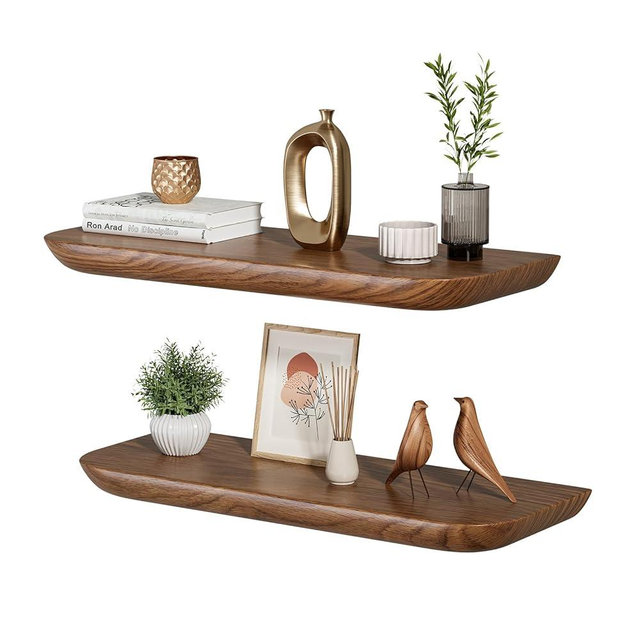 Hrbjunuo Solid Walnut Floating Shelves for Wall 16.5 Inch Set of 2, Round Edge Wall Mounted Shelf,Rustic Farmhouse Wooden Floating Shelf,Wood Wall Shelf for Bathroom Living Room,Bedroom,Kitchen