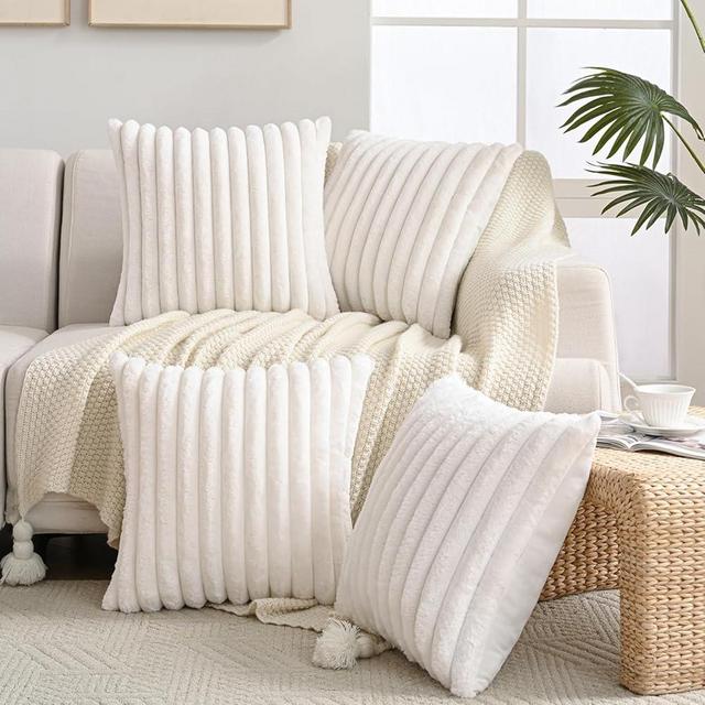 Volcanics Set of 4 Faux Fur Plush Decorative Throw Pillow Covers 18x18 Inch, Luxury Striped Cushion Cases Soft Fluffy Accent Pillowcases for Sofa, Couch and Bed, Cream White