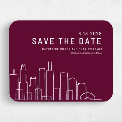 Red Rounded Wedding Save the Date - Chicago Skyline