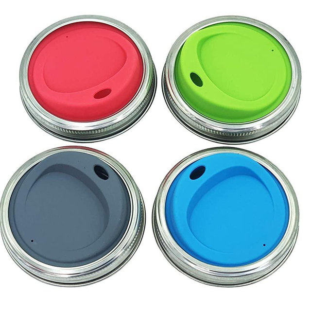 THINKCHANCES Reusable Food Grade BPA Free Silicone Sip Coffee Juice Drinking Lid Kit with Stainless Steel Rings for Mason, Ball, Canning Jars, Pack of 4 Sets (Regular Mouth,Oval Drinking Hole)