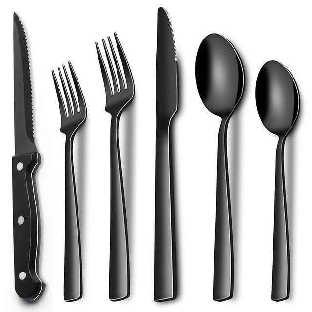 Black Silverware Set, 24-Piece Stainless Steel Flatware Set with Steak Knives for 4, Square Edge Food-Grade Tableware Cutlery Set, Utensil Sets for Home Restaurant, Mirror Finish, Dishwasher Safe