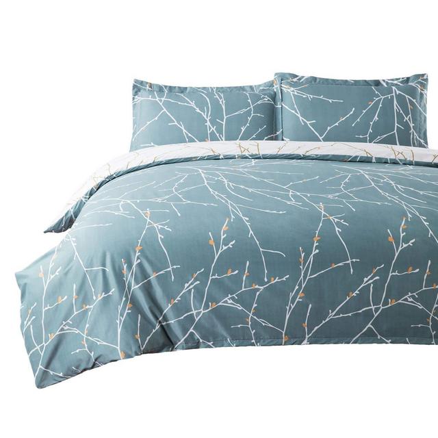 Bedshe - Bedsure Duvet Cover Set with Zipper Closure-Teal/White Printed Branch Pattern Reversible,Full/Queen (90"x90")-3 Piece (1 Duvet Cover + 2 Pillow Shams)-110 GSM Ultra Soft Hypoallergenic Microfiber