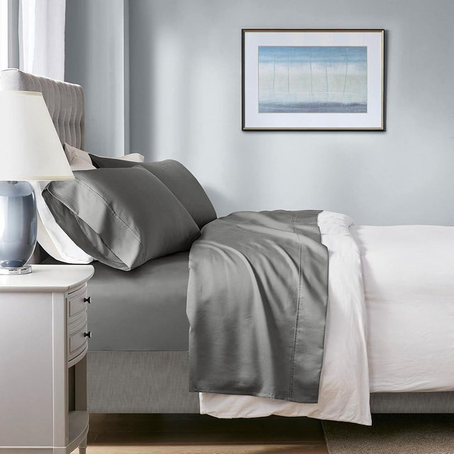 Beautyrest 1000 Thread Count, Solid Color Sheet Set, Elastic Deep Pocket, All Season, Breathable, HeiQ Smart Temperature, Soft Cotton Blend Bedding, Matching Pillowcase, King Charcoal 4 Piece