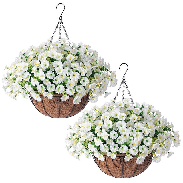 2 Set Artificial Hanging Flowers Baskets for Outdoors Faux Spring Plants, 24 Pcs UV Resistant Faux Silk White Morning Glory with 2 Outdoor Hanging Planters Realistic for Outside Porch Patio Decor