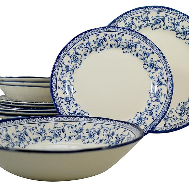 TUDOR ROYAL 12-Piece Round Porcelain Dinnerware Set, Service for 4 - Aster BLUE Design, Multicolor Floral, Plates Bowls Mugs Dishes, Premium Quality Tableware, Unique Pattern, Glossy