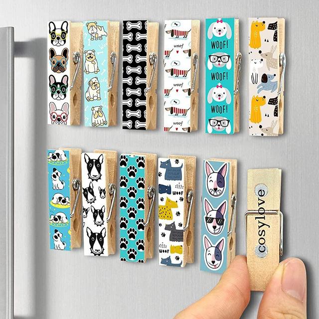 12pcs Refrigerator Magnet Clips by Cosylove-Decorative Magnetic Clips Made of Wood with Beautiful Patterns–Super Fridge Magnets for House Office Use - Display Photos,Memos, Lists, Calendars (Dog02)