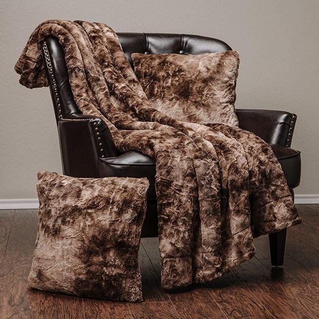 Chanasya 3-Piece Faux Fur Throw Blanket Pillow Cover Set - Sherpa Throw (50x65 Inches) 2 Throw Pillow Covers (18x18 Inches) for Couch, Bed, Chair and Sofa - Chocolate