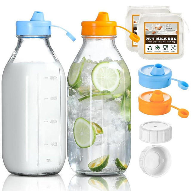 2 Pack 32 OZ Glass Milk Bottles with 2 Pour Spout Lids & 2 Nut Milk Bags & 2 Airtight Caps, Reusable Glass Bottles, Breast Milk Pitcher, Syrup, Honey, Water Jug, Juice Container for Refrigerator