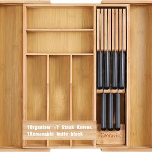 9-Piece Bamboo Kitchen Drawer Organizer Set, Expandable Silverware &Utensil Organizer with Removable Knife Block & Steak Knives, Flatware Organization, Tableware Dividers Storage(Natural)