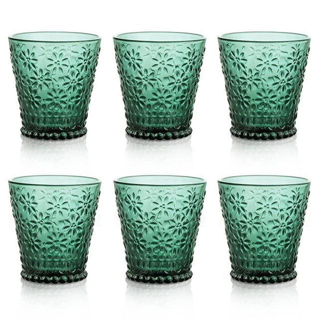 Joeyan Vintage Drinking Glass Cups,Green Colored Embossed Drinkware Tumbler Set,Small Romantic Water Glasses, Flower Pattern Textured Glassware for Juice Everyday Use,6 Pack,8.5 oz,Dishwasher Safe