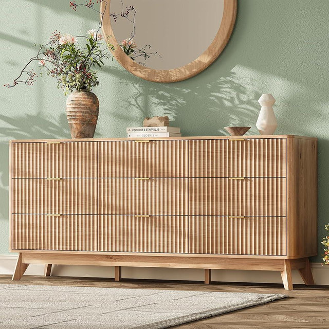 TROJM 63'' Wide 9 Drawers Dresser for Bedroom,Modern Fluted Vertical Chest with Rounded Corners,Fluted Dresser for Living Room,Hallway, Natural Wood