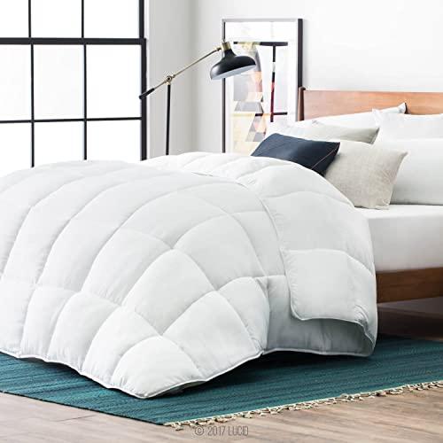 LUCID Alternative Comforter-Hypoallergenic-All Season-400 GSM-Ultra Soft and Cozy-8 Duvet Loops-Box Stitched-3 Year Warranty-Machine Washable-Queen-White