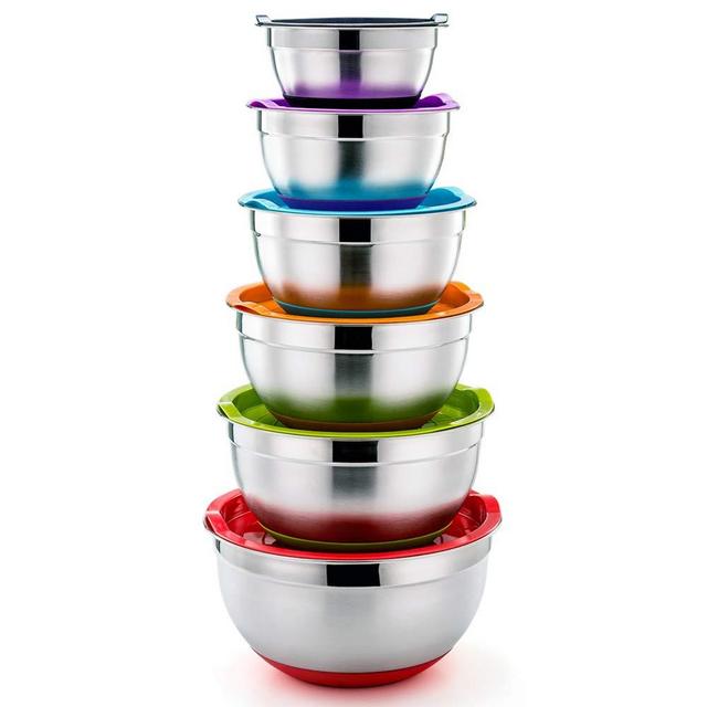 P&P CHEF Mixing Bowls With Lids, Set of 6 (12 Piece), Stainless Steel Nesting Mixing Bowls & Tight Fitting Lids & Non-Slip Silicone Bottom, 6 Multi Size (1/1.5/2.5/3/4/5qt)