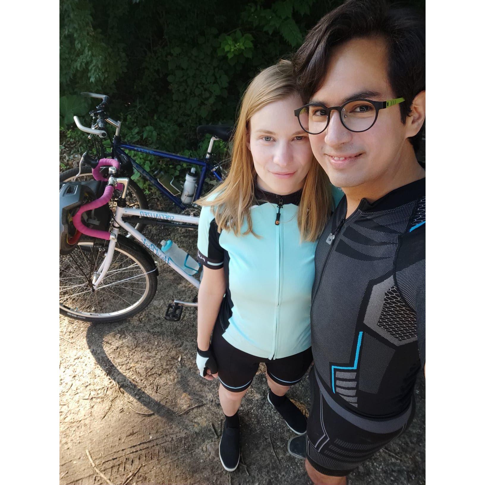 June 2022: About to start bike-packing to French Creek State Park (~ 50 miles). We are still happy in this picture.