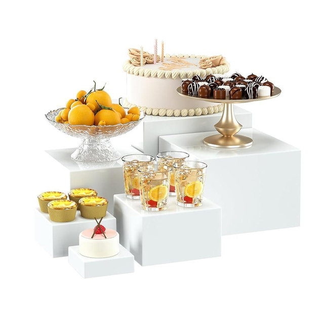 OKBHTS 6 Pcs White Acrylic Boxes for Display as Buffet Risers and Stands, Food Risers for Party, Table, including 8", 7", 6", 5", 4", 3" (Small, 6Pcs, White)
