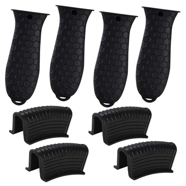 Silicone Hot Handle Holder, 8 Pieces Pot Holders Cover Silicone Assist Handle Holder Non Slip Pot Holders Rubber Heat Resistant Pot for Frying Cast Iron Skillet Metal Pan (Black) (All Black)
