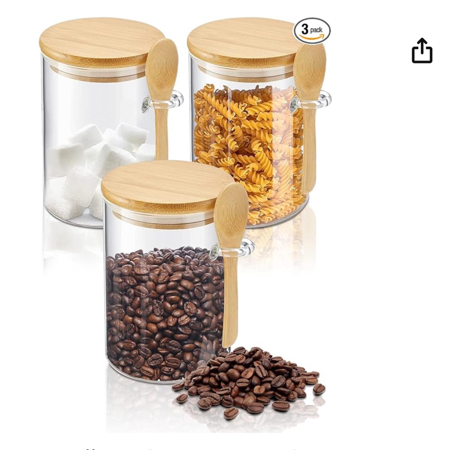 KOIKEY Coffee Sugar Container Salts Jars - 15oz Glass Airtight Caning with Bamboo Lids and Spoons Scoop, Storage Overnight Oats, Spice, Creamer, Food Organizer, Set of 3