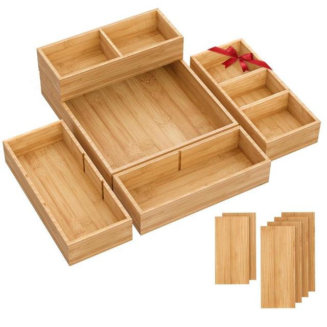 SpaceWhisper Bamboo Drawer Organizer, 5-Piece Drawer Divider with Removable Dividers for Organization and Storage, Multi-Use Stackable Storage Box & Utensil Holder for Kitchen, Office, Makeup & More