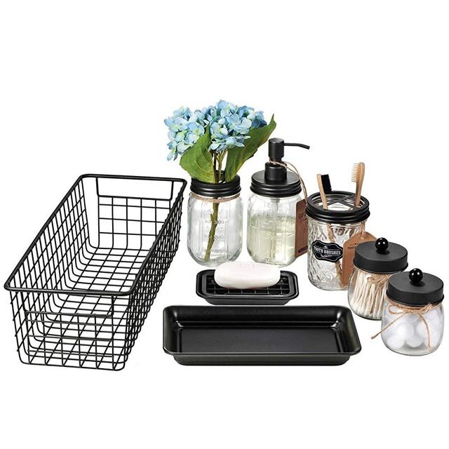 Mason Jar Bathroom Accessories Set 8 Pcs - Lotion Soap Dispenser,Toothbrush Holder,2 Apothecary Jars, Flower Vase,Soap Dish,Vanity Tray,Toilet Paper Holder Storage Bin,Farmhouse Decor (Black)