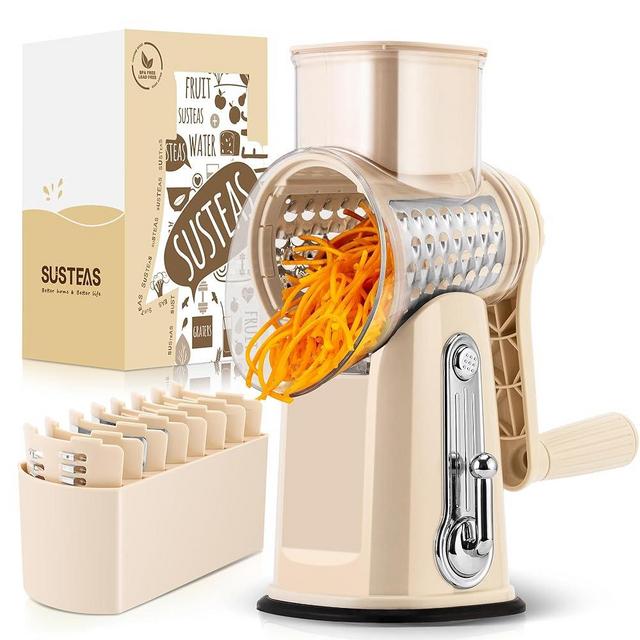 SUSTEAS Rotary Cheese Grater with Handle - Food Shredder with 5 Well-designed Blades & Strong Suction Base,Round Mandoline Slicer & Vegetable Grater for Kitchen,1 Bonus Blade Storage Box (Beige)