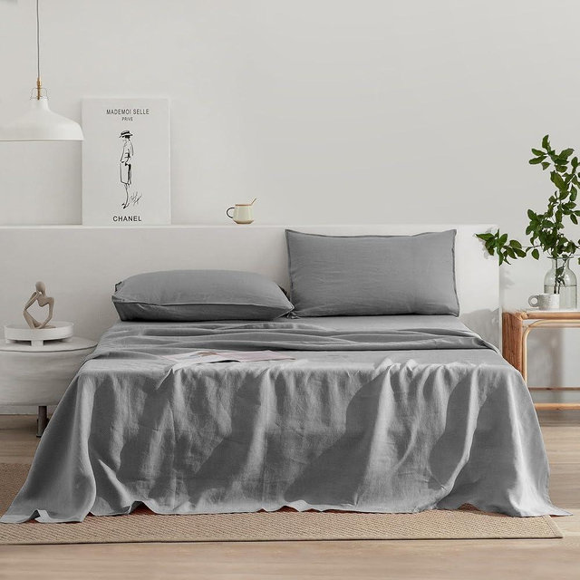 EVERLY Linen Sheets Set King Size,100% French Stonewash Pure Linen Sheets Set,4Pieces (1Flat Sheet,1Fitted Sheet,2Pillowcase) Suitable for Hot Sleepers,Deep Pocket Natural Bedding Set-Light Grey