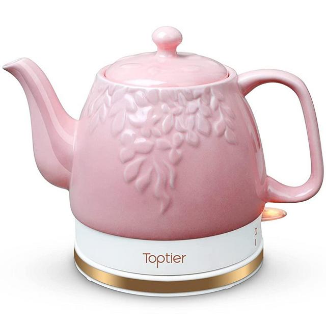 Toptier Electric Ceramic Tea Kettle, Boil Water Quickly and Easily, Detachable Swivel Base & Boil Dry Protection, Carefree Auto Shut Off, 1 L (1 LITER, Light Pink)