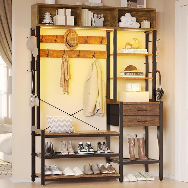 Itaar Hall Tree with Bench and Shoe Storage, 7-in-1 Entryway Bench with Coat Rack, 3 Storage Cubbies, 3 Storage Shelves, 17 Coat Hooks, 2 Fabric Drawers (Rustic Brown)
