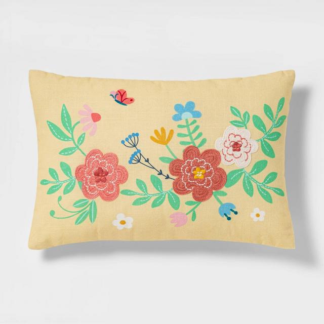 Lumbar Embroidered and Printed Floral Easter Pillow Yellow - Spritz™