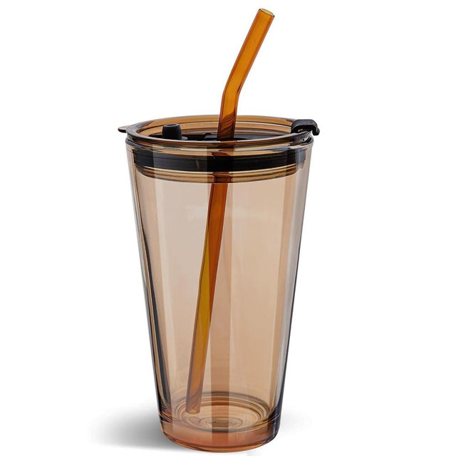 Olvini 15oz Glass Tumbler with Straw and Lid, Cute Iced Coffee Cups, Aesthetic Glass Cups, Coffee Tumbler, Water Cup, Matcha Cup, Drinking Glasses (Amber)