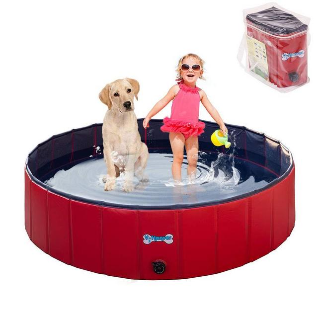 V-HANVER Foldable Dog Pool Hard Plastic Collapsible Pet Bath Tub for Puppy Small Dogs Cats and Kids