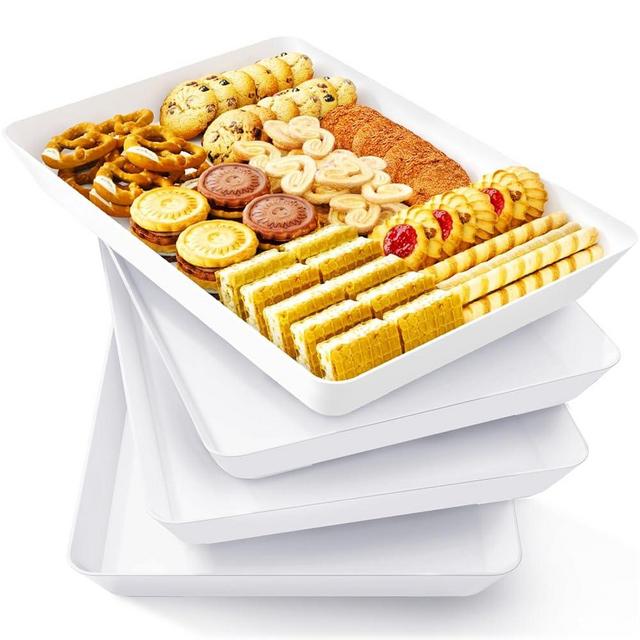 Lifewit Plastic Serving Tray for Party Supplies, 4 Pcs White Trays for Serving Food, Reusable Platter for Buffet, Fruit, Snack, Rectangle, Thanksgiving Christmas Essentials, 14" x 10"