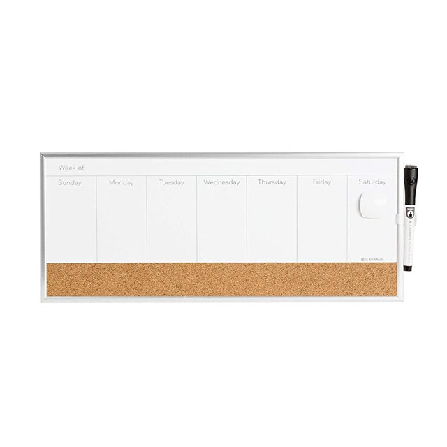 U Brands Magnetic Dry Erase/Cork Weekly Calendar Board, 7.5 x 18 Inches, Silver Aluminum Frame, Magnet and Marker Included (362U00-04)