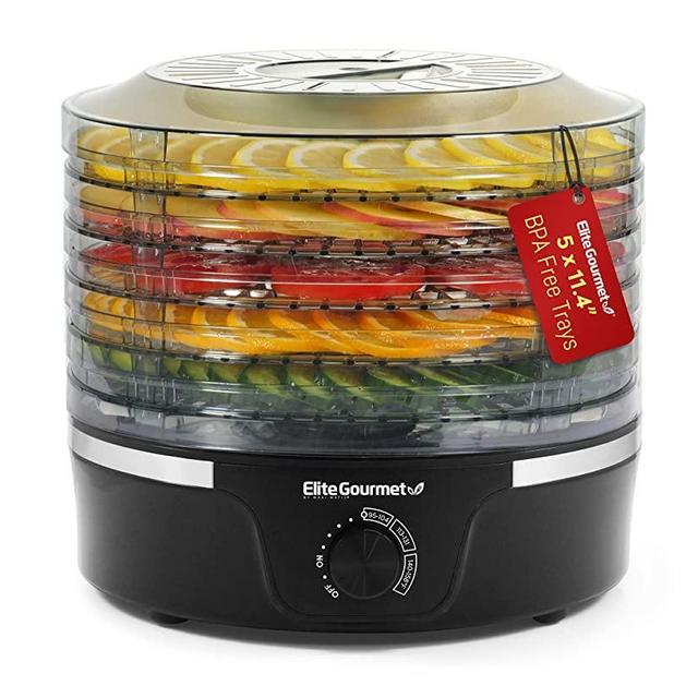 Elite Gourmet EFD319# Food Dehydrator, Food Dehydrator, Adjustable Temperature Controls, Jerky Herbs Fruit Veggies Snacks, 5 BPA-Free 11.4" Trays