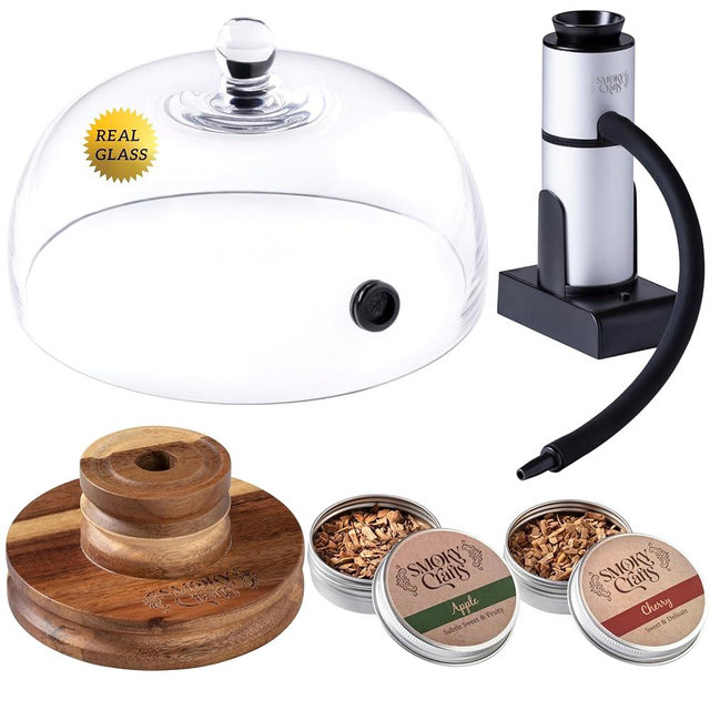 Smoky Crafts Cocktail Smoker Kit - Food Smoker Kit with Smoking Gun, 8" Smoking Cloche Glass Dome, Wooden Drink Smoker Top and Wood Chips (Apple & Cherry) - Whiskey Smoker Kit (Torch Not Required)