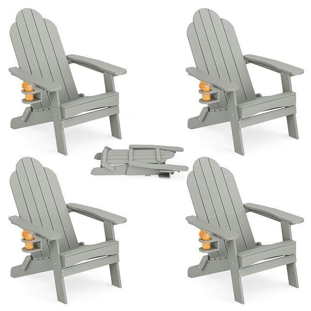 LUE BONA Folding Adirondack Chair, Chairs Set of 2, Cup Holder, Woodgrain, Fire Pit, Patio, Pool, Grey