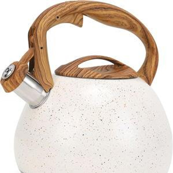 Tea Kettle, Vegoran 100 OZ / 3 Liter Whistling Tea Kettle, Tea Pots for Stove Top Food Grade Stainless Steel with Wood Pattern Folding Handle, Loud Whistle Kettle for Tea, Coffee, Milk (B-White)