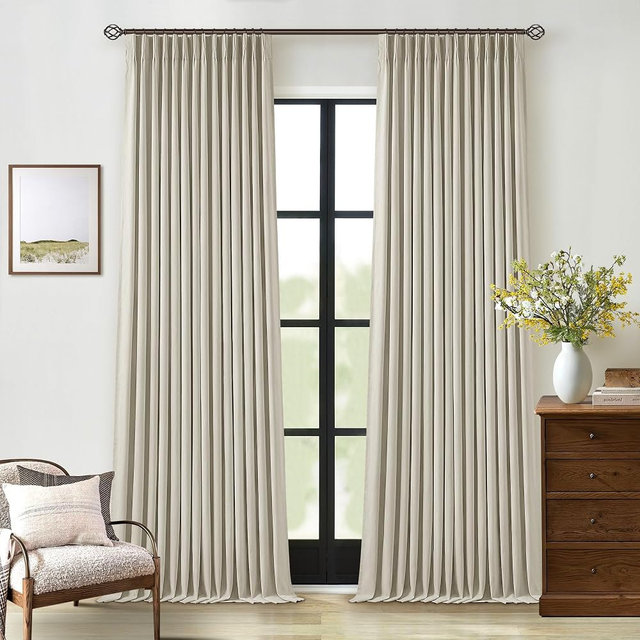 Oatmeal Pinch Pleated Full Blackout Curtains Linen Blend Room Darkening Window Curtains 105 Inch for Living Room Bedroom Thermal Insulated Back Tab Pinch Pleat Drapes with Hooks Rings 2 Panels